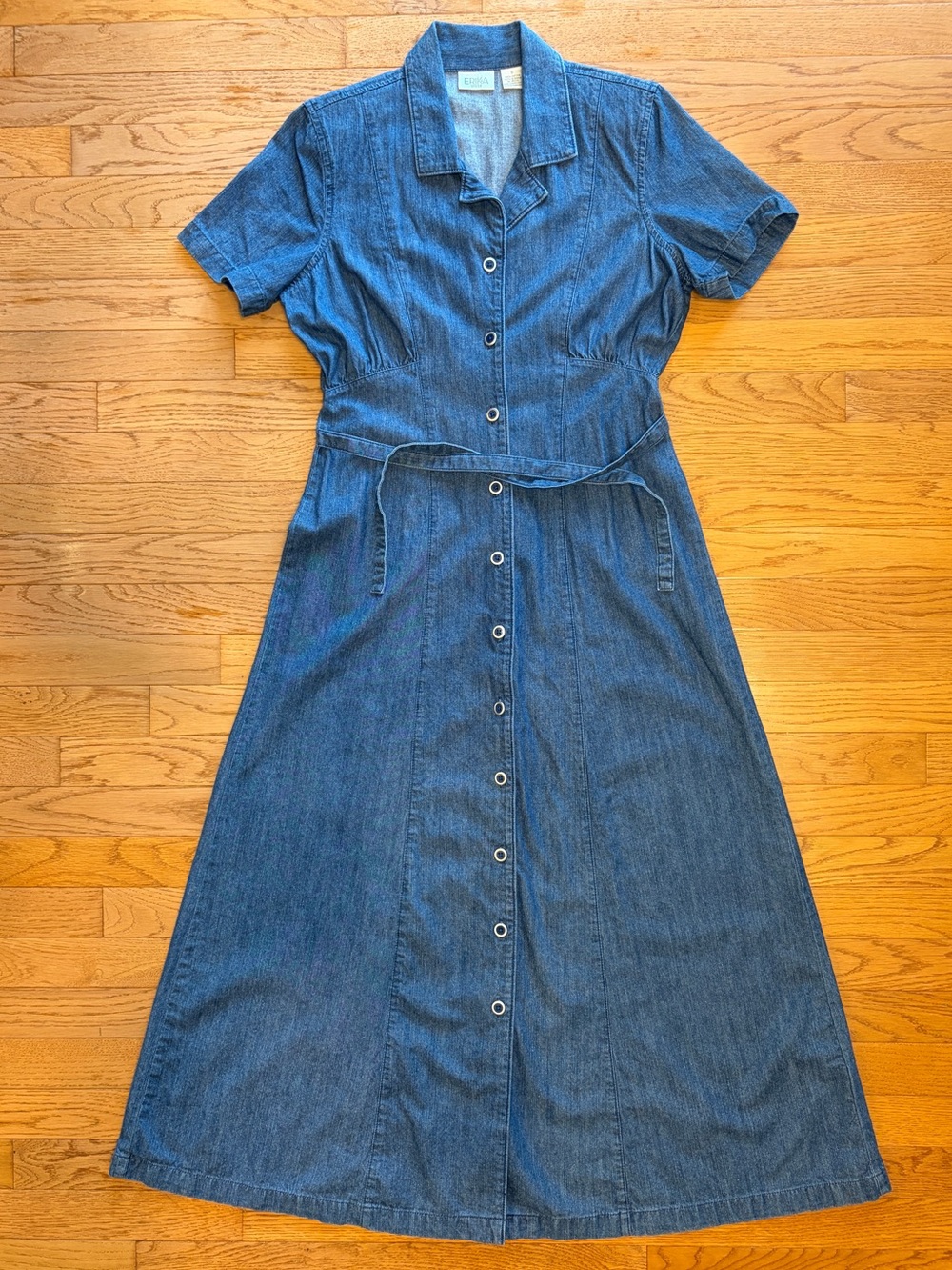 Vintage Erika Dress Denim Button-Front Belted Short Sleeve Maxi Dress - Blue